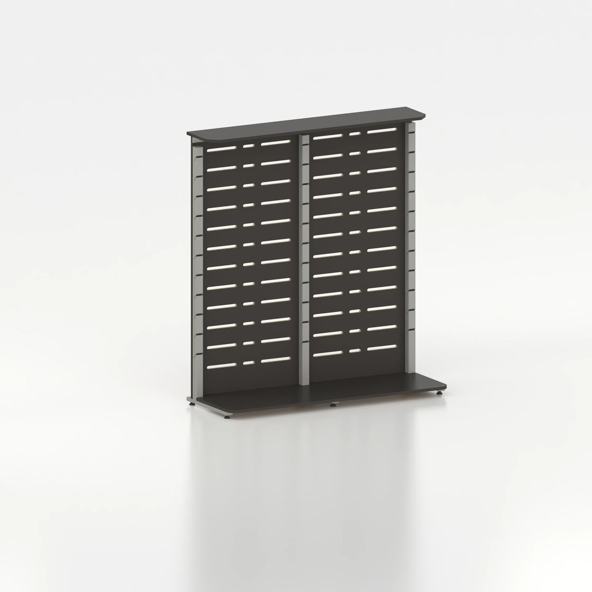 Présentoir display pour îlot central avec montants Poto et panneau Slatwall — bois noir et coloris gris