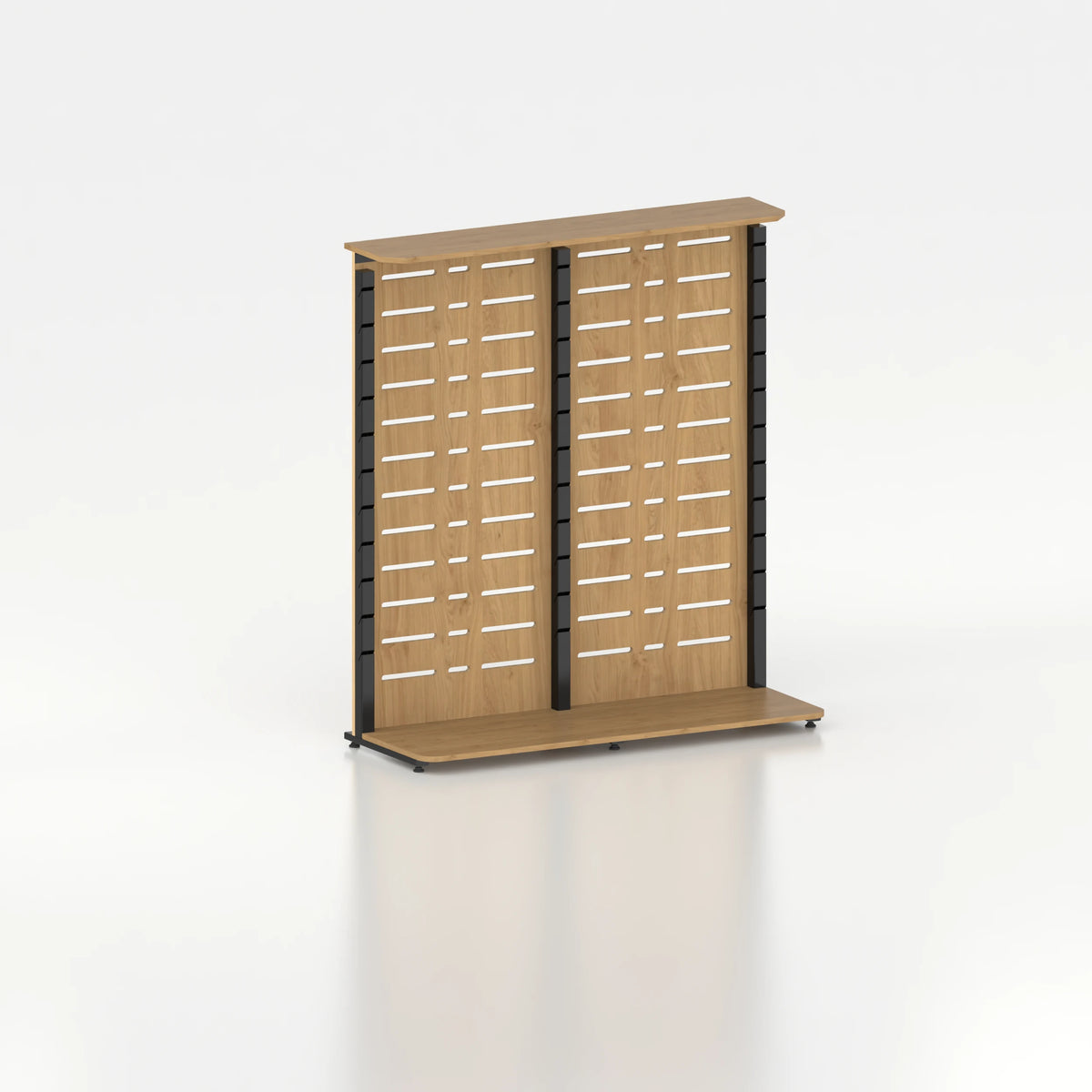 Présentoir display pour îlot central avec montants Poto et panneau Slatwall — bois chêne clair et coloris noir