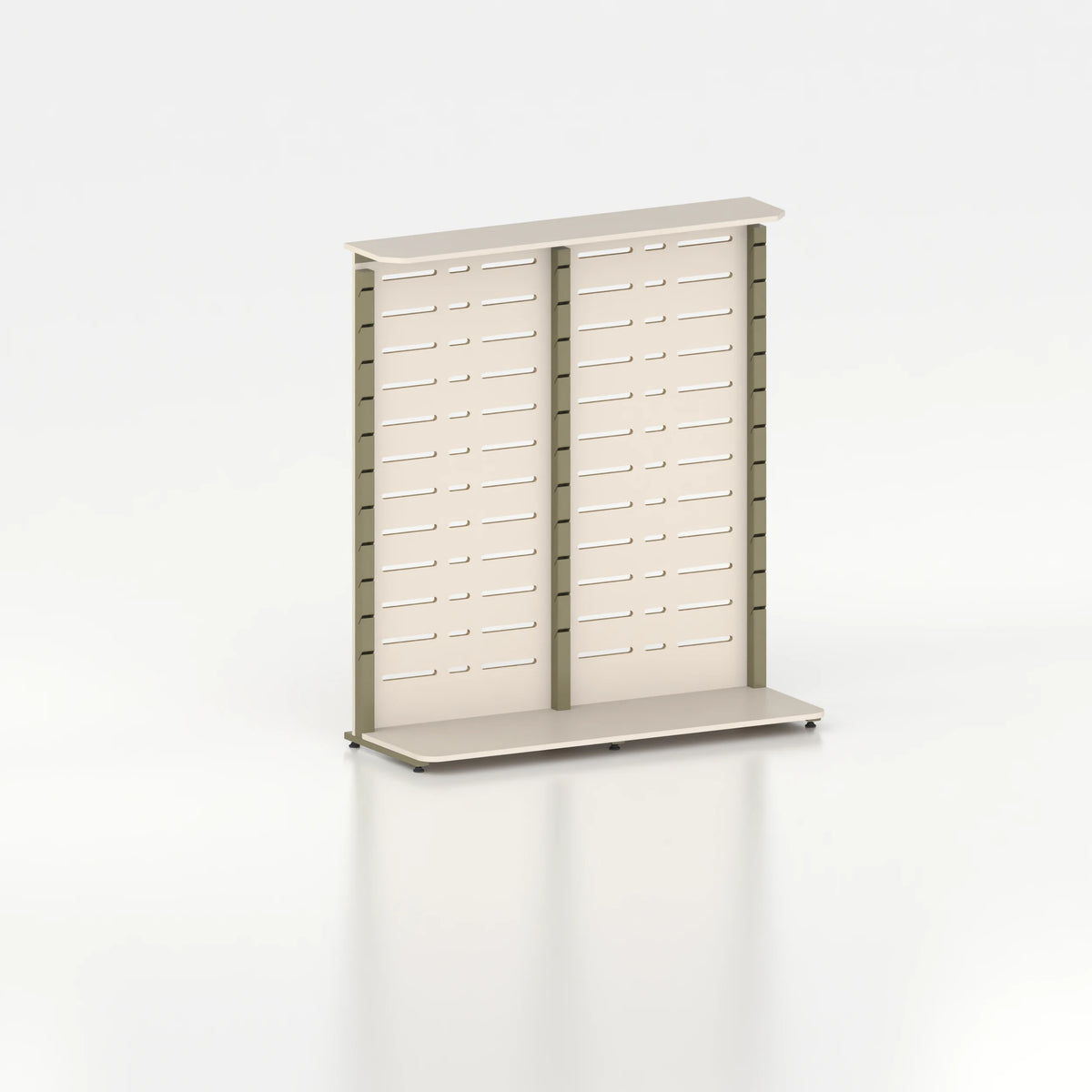 Présentoir display pour îlot central avec montants Poto et panneau Slatwall — bois beige et coloris vert