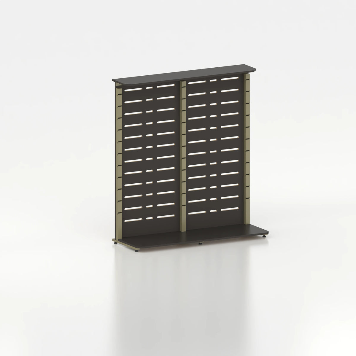 Présentoir display pour îlot central avec montants Poto et panneau Slatwall — bois noir et coloris vert