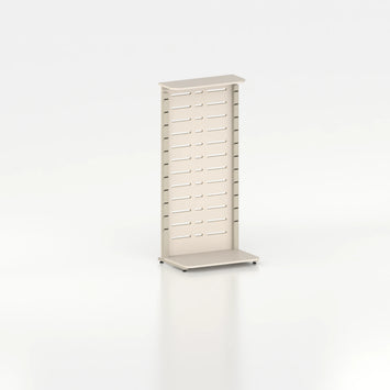 Présentoir display mural avec montants Poto et panneau Slatwall pour vitrine — bois beige et coloris beige