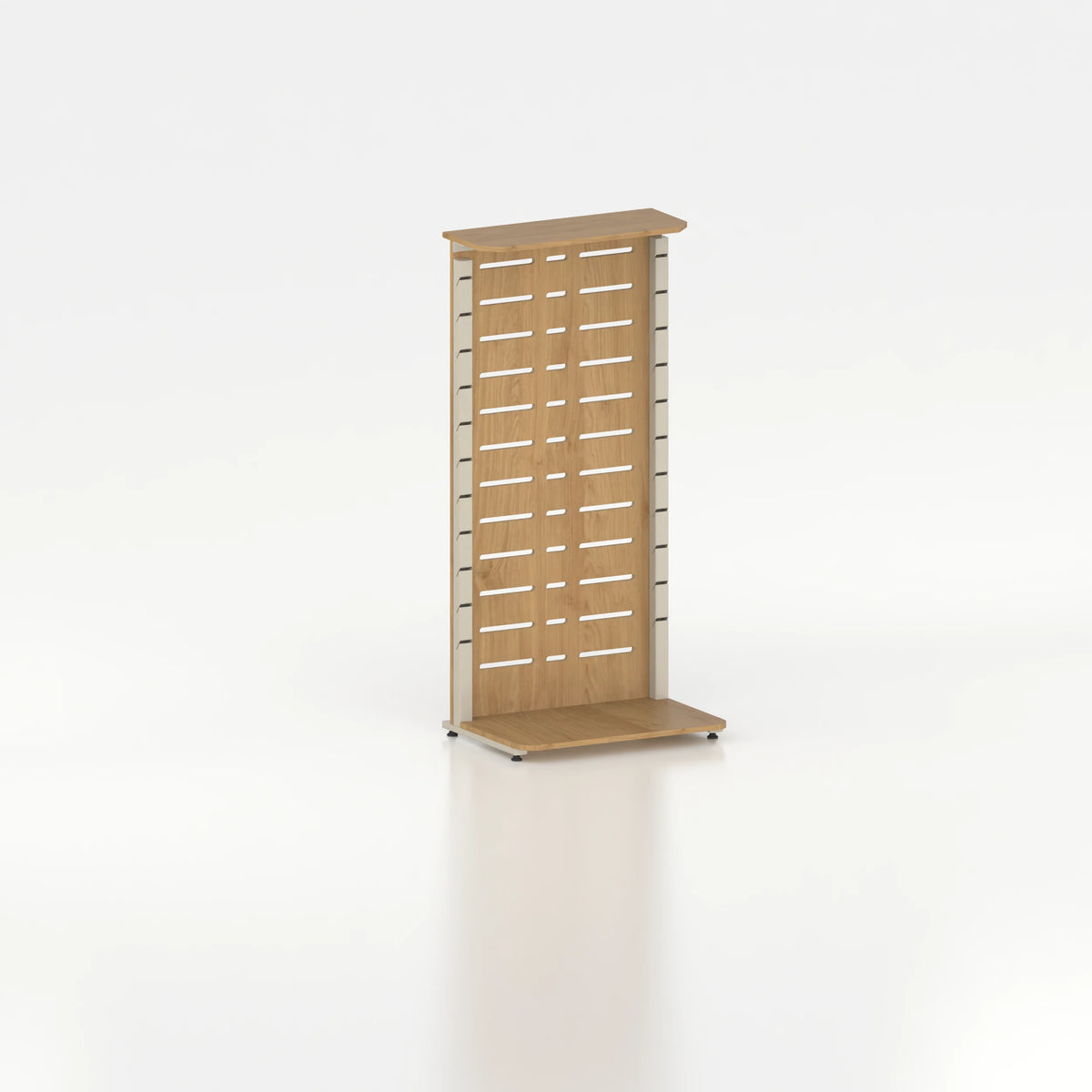 Présentoir display mural avec montants Poto et panneau Slatwall pour vitrine — bois chêne clair et coloris beige
