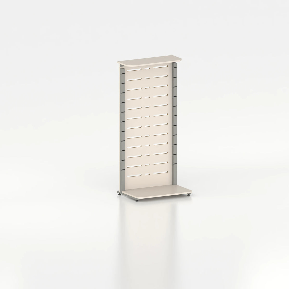 Présentoir display mural avec montants Poto et panneau Slatwall pour vitrine — bois beige et coloris gris