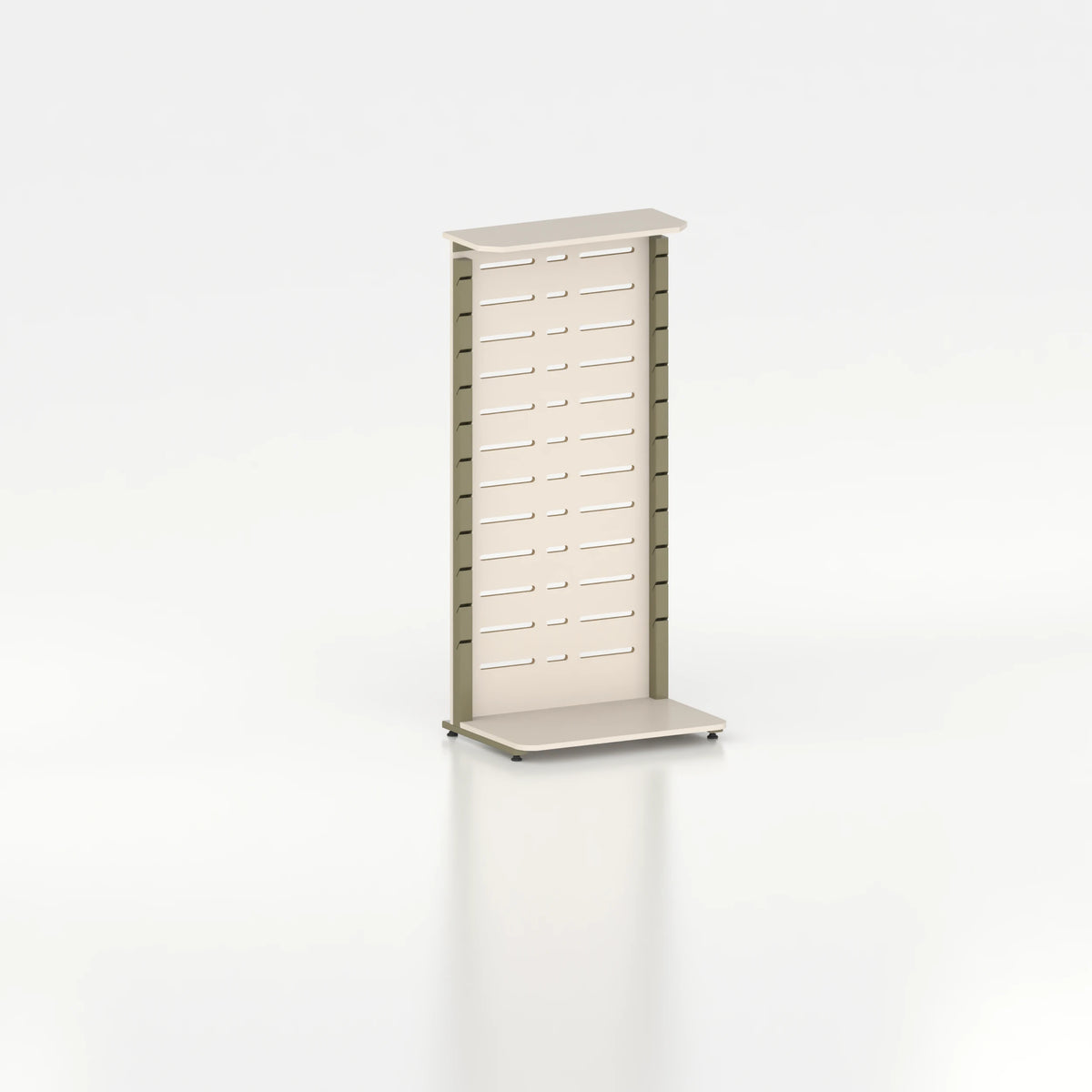 Présentoir display mural avec montants Poto et panneau Slatwall pour vitrine — bois beige et coloris vert